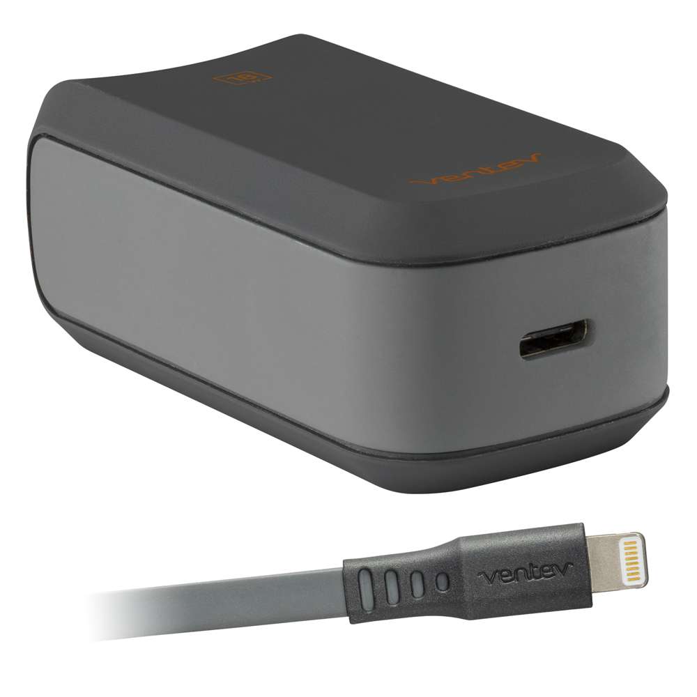 Ventev 215892 PD Wall Charger 18W USB-C to Lightning Cable Grey