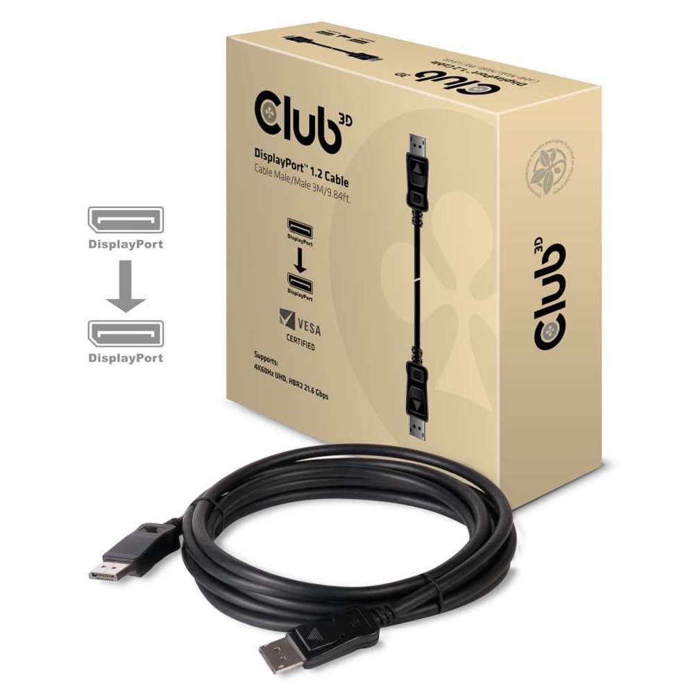 Club3D CAC1064 DisplayPort 1.2 Male to DisplayPort 1.2 Male Cable 3m 9.84ft 4K 60HZ Black