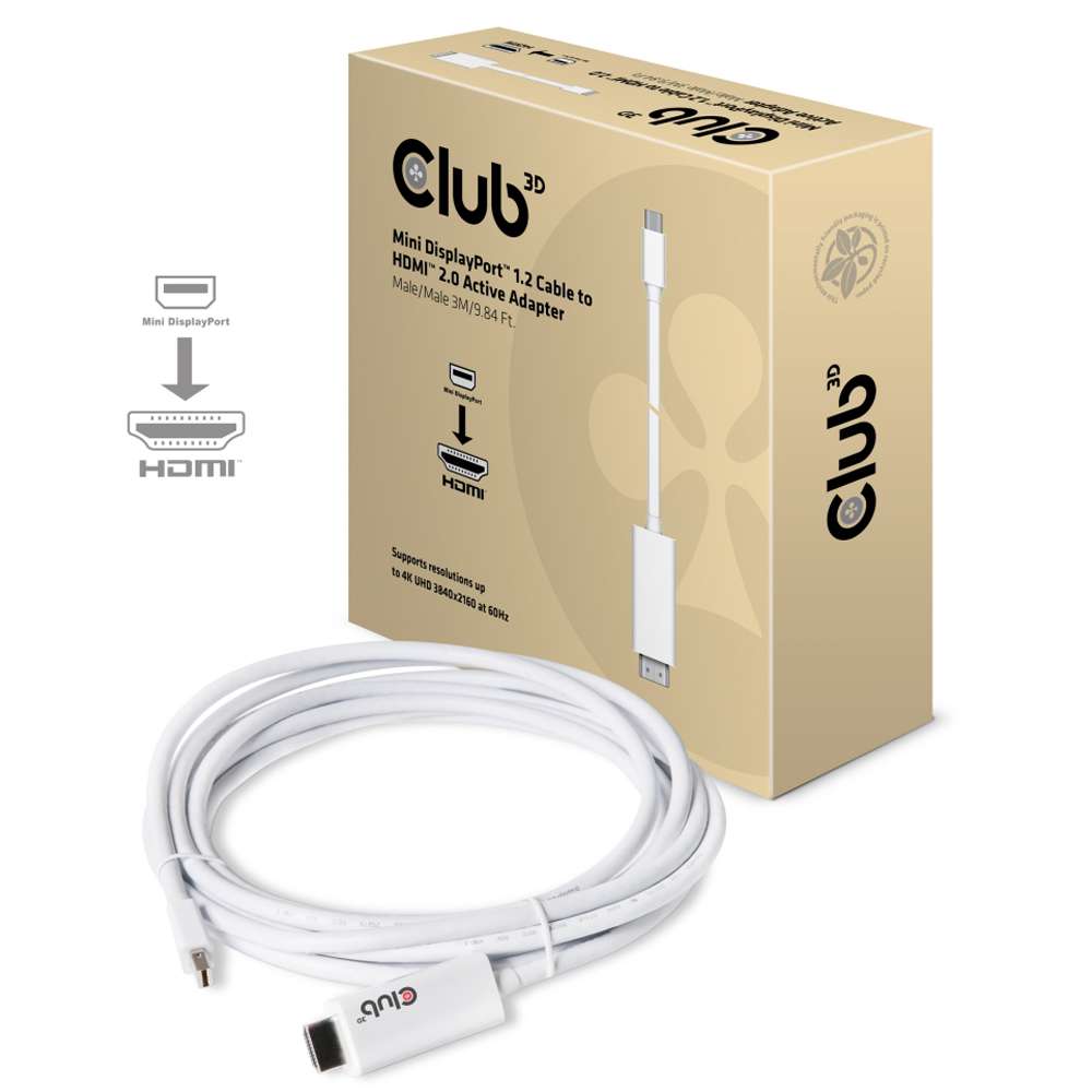 Club3D CAC1173 MiniDisplayPort 1.2 Cable Male to HDMI 2.0 Male 4K 60HZ UHD/3D Active Adapter 3m/9.84ft White