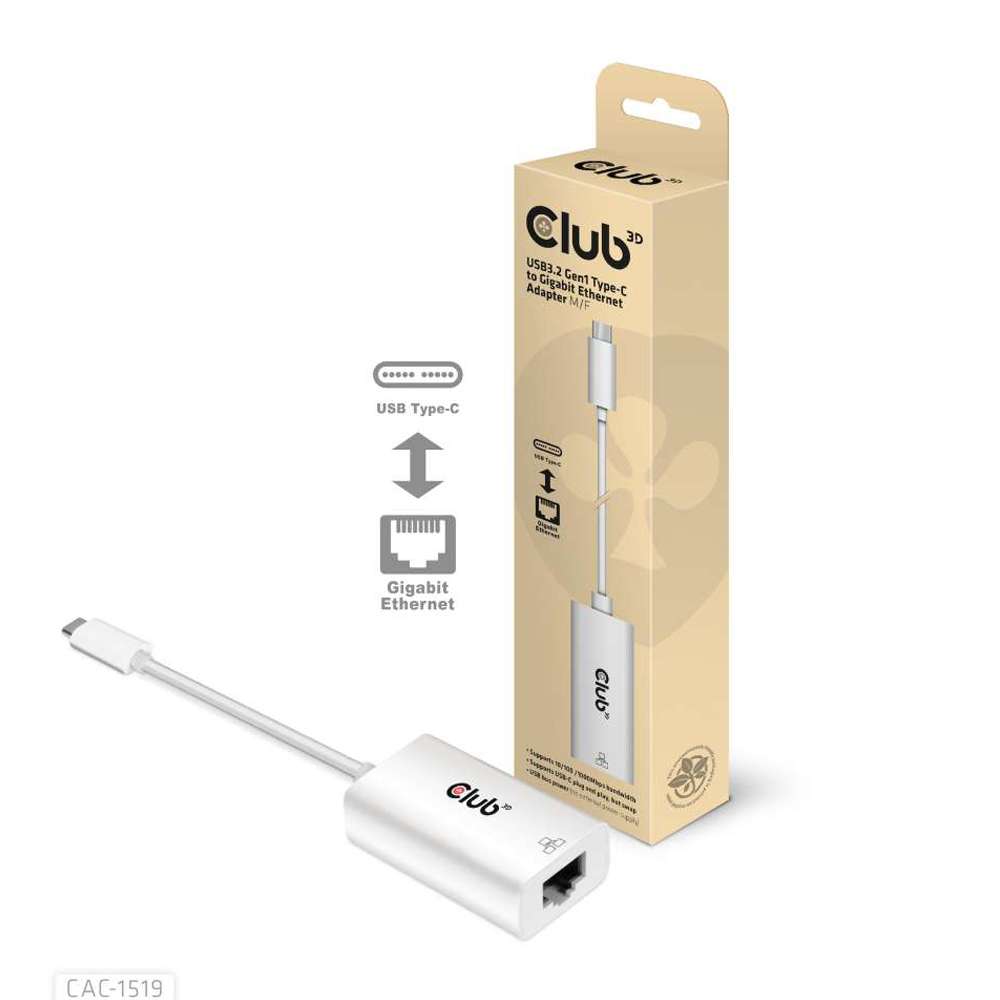Club3D CAC-1519 USB-C 3.1 Gen 1 Gen 1 Male to 1GB Ethernet Female Active Adapter Silver