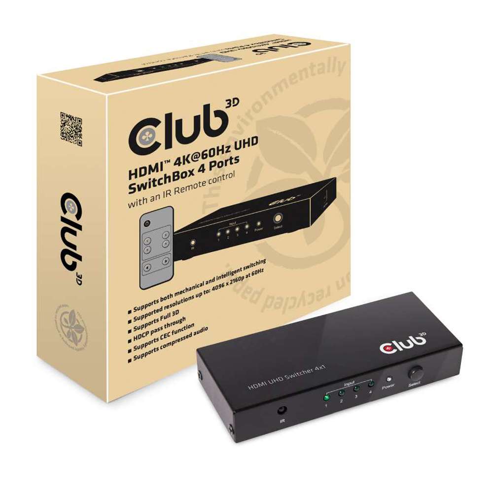 Club3D CSV-1370 HDMI 4K60HZ 2.0 UHD Switchbox 4 Pots Black