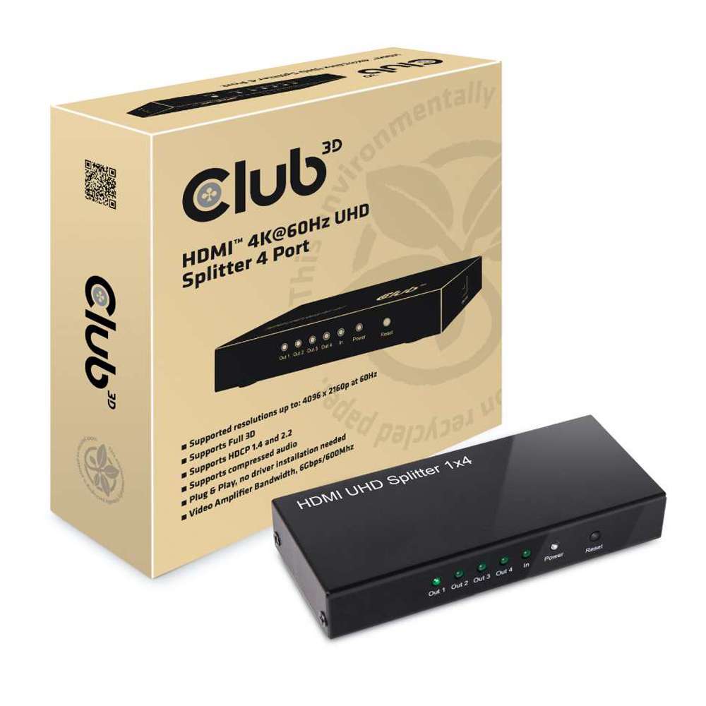 Club3D CSV-1380 HDMI 4K60HZ 2.0 UHD Splitter 4 Ports Black