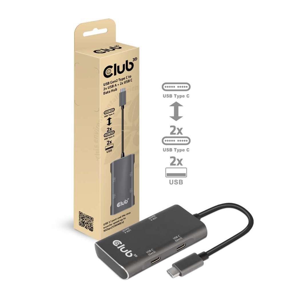 Club3D CSV-1542 USB-C Gen 2 to 2 USB + 2 USB-C Data Hub Gray