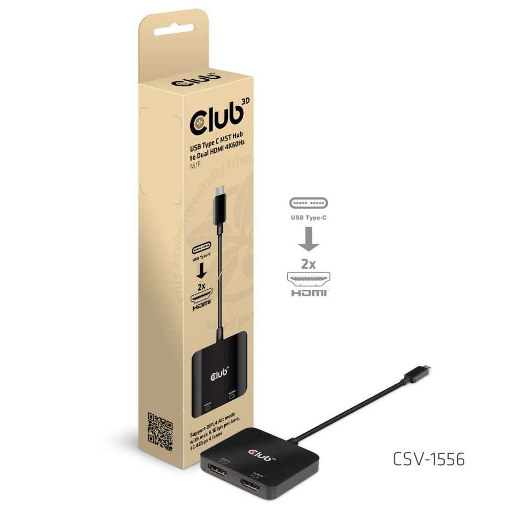 Club3D CSV-1556 USB-C 3.2 Gen 1 Multistream Transport Hub to HDMI 2.0 Dual Monitor 4K60HZ Black