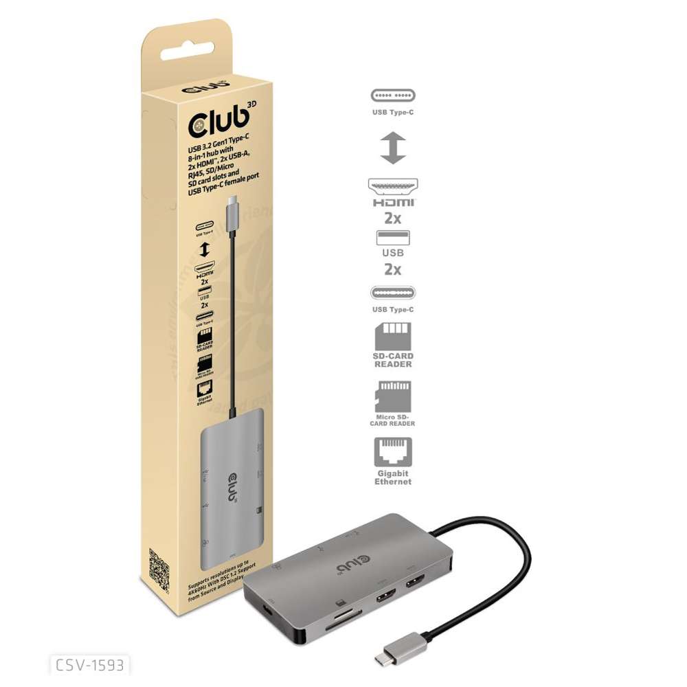 Club3D CSV1593 USB-C 3.2 Gen 1 8-in-1 Hub with 2X HDMI/2X USB/RJ45/SD/Micro SD Card Slots and USB-C Female Port Gray