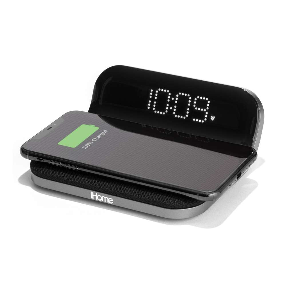 iHome iW18BG Compact Alarm Clock w/Qi Wireless and USB Charging Grey